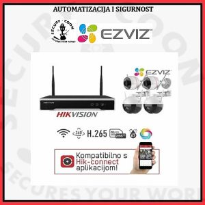 Ezviz WiFi ColorVu/PT Video komplet 4 kamere komplet sadrži: Video komplet 4 kamere Ezviz WiFi ColorVu/PT Video komplet 4 kamere Ezviz WiFi ColorVu/PT 1 x DIGITALNI VIDEO SNIMAČ DS-7104NI-K1/W/M4 4 x kamera odabir između sljedećih modela: Š: KAMERA CS-C8C • 2MP, 1920 x 1080 @ 30fps • Senzor: 1/2.7” Progressive Scan CMOS • Pan: 352°, Tilt: 95° • Leća: 4mm (87°) • IR domet: 30m • Ugrađen mikrofon • 3D DNR, DWDR, BLC, H.265, IP65 zaštita ILI: Š: KAMERA CS-C3W 4MP 2.8mm • 4MP, 2560×1440 • Senzor: 1/2.7” Progressive Scan CMOS • Leća: 2.8mm (100°) • Slika u boji po mraku • 3D DNR, DWDR, H.265, IP67 zaštita • Mikrofon • Domet svjetla: 30m 4 x 12V 1A ispravljač za kamere 1 x 12V 2A Ispravljač za snimač 1 x Patch kabel 1,5m