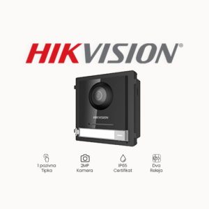 VANJSKA JEDINICA HIKVISION DS-KD8003-IME2/M 2 MP kolor kamera, 30FPS,180° (horizontalno), 96°(vertikalno) WDR 1 pozivna tipka, max. broj povezanih modula: 8 10M/100M Ethernet, RS-485 Alarmni ulaz: 4 IP65, -40° C to +60° C IR svjetlosni sklop 24VDC dvožično ili 12 VDC