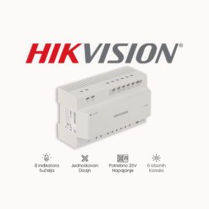 DS-KAD706Y 2-žilni IP distributer/pretvarač 6-portna 2-žična sučelja bez napajanja uređaja 2 sučelja za serije DS-KAD704Y, DS-KAD706Y i DS-KAD706Y-S 8 indikatora sučelja, 1 RJ-45 sučelje, 1 tipka za resetiranje Montaža na din šinu, 24 VDC ulazno napajanje