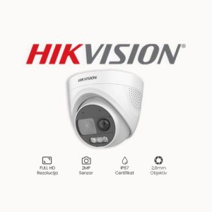 KAMERA 2MP HIKVISION DS-2CE72DF3T-PIRXOS (2.8mm) ColorVu dome kamera rezolucije 2 MP sa bljeskalicom, sirenom i ugrađenim detektorom pokreta.