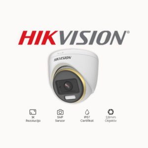 KAMERA 5MP HIKVISION DS-2CE72KF3T(2,8mm) Rezolucija 5 MP Objektiv 2,8mm Mogućnosti True WDR 130db, 3D Digital Noise Reduction (DNR), Back Light Compensation (BLC), ColorVu, TVI/AHD/CVI/CVBS Osvjetljenje Vidljivo svjetlo do 40m Stupanj IP zaštite IP67 Napajanje 12 VDC