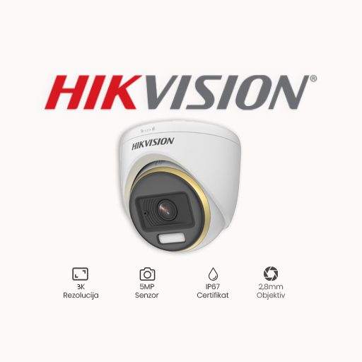 KAMERA 5MP HIKVISION DS-2CE72KF3T(2,8mm) Rezolucija 5 MP Objektiv 2,8mm Mogućnosti True WDR 130db, 3D Digital Noise Reduction (DNR), Back Light Compensation (BLC), ColorVu, TVI/AHD/CVI/CVBS Osvjetljenje Vidljivo svjetlo do 40m Stupanj IP zaštite IP67 Napajanje 12 VDC