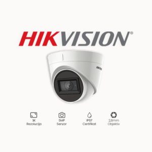 KAMERA 5MP HIKVISION DS-2CE78H8T-IT3F (2,8 mm ) Turret kamera visokih performansi od 5 MP Snažne noćne performanse, snimanje slika pri ultra slabom osvjetljenju do 0,003 luksa Jasna slika čak i pri jakom pozadinskom osvjetljenju zahvaljujući istinskoj WDR tehnologiji od 130 dB 3D DNR tehnologija daje čiste i oštre slike EXIR 2.0: napredna infracrvena tehnologija sa 60 m IR udaljenosti Otporan na vodu i prašinu (IP67) 4 u 1 (4 signala promjenjiva TVI/AHD/CVI/CVBS