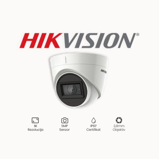 KAMERA 5MP HIKVISION DS-2CE78H8T-IT3F (2,8 mm ) Turret kamera visokih performansi od 5 MP Snažne noćne performanse, snimanje slika pri ultra slabom osvjetljenju do 0,003 luksa Jasna slika čak i pri jakom pozadinskom osvjetljenju zahvaljujući istinskoj WDR tehnologiji od 130 dB 3D DNR tehnologija daje čiste i oštre slike EXIR 2.0: napredna infracrvena tehnologija sa 60 m IR udaljenosti Otporan na vodu i prašinu (IP67) 4 u 1 (4 signala promjenjiva TVI/AHD/CVI/CVBS