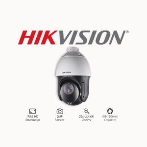 IP PTZ kamera rezolucije 2 MP s optičkim zoomom od 25x. PTZ IP video kamera, rezolucija 2Mpx@25fps, 25x optički zoom, objektiv 4.8 - 120 mm, 0.005Lux@F1.6, True WDR 120dB, kompresija H.264, H.264+, H.265, H.265+, 256 preseta, 8 patroliranja, Pan brzina 0.1 - 80°/sek., IR LED dometa do 100m, napajanje 12 VDC & PoE, IP66 zaštita, Onvif, videoanalitika, SD kartica. (nosač DS-1602ZJ u kompletu)