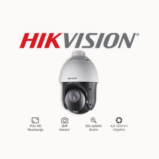 IP PTZ kamera rezolucije 2 MP s optičkim zoomom od 25x. PTZ IP video kamera, rezolucija 2Mpx@25fps, 25x optički zoom, objektiv 4.8 - 120 mm, 0.005Lux@F1.6, True WDR 120dB, kompresija H.264, H.264+, H.265, H.265+, 256 preseta, 8 patroliranja, Pan brzina 0.1 - 80°/sek., IR LED dometa do 100m, napajanje 12 VDC & PoE, IP66 zaštita, Onvif, videoanalitika, SD kartica. (nosač DS-1602ZJ u kompletu)