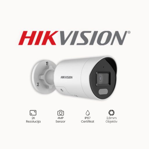 KAMERA 4MP HIKVISION DS-2CD2047G2H-LIU (2.8mm) Tehnički podaci: Rezolucija 4 MP Objektiv 2,8mm Mogućnosti True WDR 130db, 3D Digital Noise Reduction (DNR), Back Light Compensation (BLC), utor za micro SD karticu do 256GB, Smart Hybrid Light ColorV, audio ulaz/izlaz Osvjetljenje Vidljivo svjetlo do 40 metara Kompresija H.265, H.265+, H.264+, H.264, MJPEG Stupanj IP zaštite IP67 Napajanje 12V DC ili PoE (Power over Ethernet) Specifikacija Visoka kvaliteta slike s rezolucijom od 4 MP Smart Hybrid Light: napredna tehnologija s velikim dometom Jasna slika u odnosu na jako pozadinsko svjetlo zahvaljujući WDR tehnologiji od 130 dB Učinkovita H.265+ tehnologija kompresije Usredotočite se na klasifikaciju ljudi i vozila na temelju dubokog učenja -U: Ugrađeni mikrofon za sigurnost zvuka u stvarnom vremenu Otporan na vodu i prašinu (IP67)