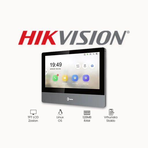 UNUTARNJA JEDINICA HIKVISION DS-KH8350-TE1  7-inčni IPS ekran u boji osjetljiv na dodir rezolucije 1024 × 600 Vrhunsko kaljeno staklo Aluminij za zrakoplovstvo Novo korisničko sučelje V2.0: dizajn prilagođen korisniku Komnikacijski protokoli: TCP/IP, SIP, RTSP 8,6 mm Ultra-tanak dizajn Dimenzije 180 mm × 140 mm × 22,4 mm 