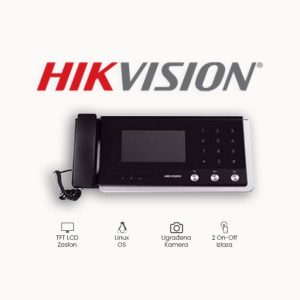 UNUTARNJA JEDINICA HIKVISION DS-KM8301 IP glavna stanica CMOS 0,3 MP, 7-inčni dodirni zaslon, dodirna tipka, fizički gumb 2 RS-485 Half-Duplex priključka 2 On-Off izlaza, 2 Relejna izlaza, 4 On-Off ulaza, 12 VDC Otključajte vrata, nadgledajte ulaznu stanicu i IP kamere, primajte alarmne poruke