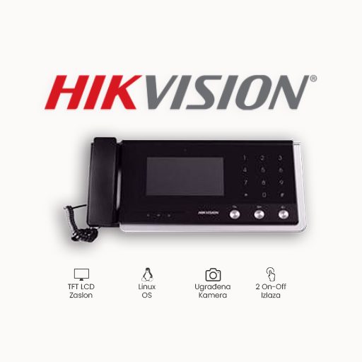 UNUTARNJA JEDINICA HIKVISION DS-KM8301 IP glavna stanica CMOS 0,3 MP, 7-inčni dodirni zaslon, dodirna tipka, fizički gumb 2 RS-485 Half-Duplex priključka 2 On-Off izlaza, 2 Relejna izlaza, 4 On-Off ulaza, 12 VDC Otključajte vrata, nadgledajte ulaznu stanicu i IP kamere, primajte alarmne poruke