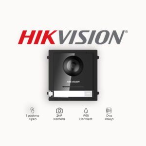 VANJSKA JEDINICA HIKVISION DS-KD8003-IME1/M 2 MP kolor kamera, HD1080P, WDR, 25fps(P) 180° (Horizontal), 96°(Vertical) 1 pozivna tipka, max. broj povezanih modula: 8 10M/100M Ethernet, RS-485 Alarmni ulaz/izlaz: 4 IP65, -40° C to +60° C IR svjetlosni sklop PoE, 12 VDC/1A, 10W Dimenzije: 98.5mm×100mm×33.7mm