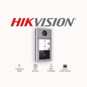 VANJSKA JEDINICA HIKVISION DS-KV8213-WME1-S/Nadgradni Broj pozivnih tipki 2 Kamera 2 MP kolor kamera, IR svjetlosni sklop Kućište IP65, IK08 Mreža 10M/100M Ethernet, WiFi, RS-485 Ugrađen čitač kartica Da Napajanje PoE, 12 VDC Dimenzije 174 mm × 91 mm × 29 mm Specifikacija
