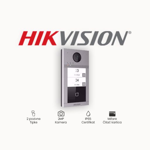 VANJSKA JEDINICA HIKVISION DS-KV8213-WME1-S/Nadgradni Broj pozivnih tipki 2 Kamera 2 MP kolor kamera, IR svjetlosni sklop Kućište IP65, IK08 Mreža 10M/100M Ethernet, WiFi, RS-485 Ugrađen čitač kartica Da Napajanje PoE, 12 VDC Dimenzije 174 mm × 91 mm × 29 mm Specifikacija