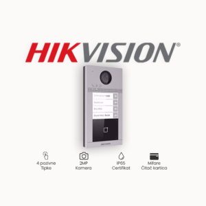 VANJSKA JEDINICA HIKVISION DS-KV8413-WME1-S/Nadgradni Broj pozivnih tipki 4 Kamera 2 MP kolor kamera, IR svjetlosni sklop Kućište IP65, IK08 Mreža 10M/100M Ethernet, WiFi, RS-485 Ugrađen čitač kartica Da Napajanje PoE, 12 VDC Dimenzije 174 mm × 91 mm × 29 mm DS-KV8413-WME1 Vanjska portafonska jedinica s četiri tipke 2 MP kamera WDR, BLC, DNR Kut pokrivanja:  129° IR do 3m IP65, IK08 zaštita  Čitač mifare kartica RS485, 4 alarmna ulaza, 2 izlazna releja, 10/100 Mbps Ethernet Bežično povezivanje s mrežom Napajanje: PoE/12VDC Pohrana: microSD  kartica do 128GB