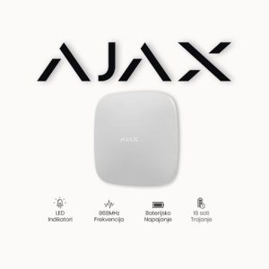 Centralna jedinica (HUB) bežičnog protuprovalnog sustava sa integriranim LAN i dual sim GSM/GPRS komunikatorom, omogućeno dodavanje i rad do 100 bežičnih uređaja, 9 particija, max 50 korisnika. Podržava videoverifikaciju sa Ajax MotionCam detektora pokreta sa ugrađenom kamerom. Ugrađena back-up baterija. Bijele boje
