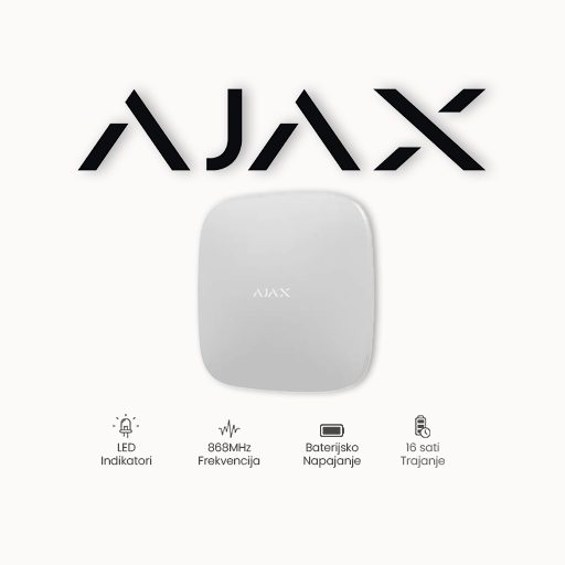 Centralna jedinica (HUB) bežičnog protuprovalnog sustava sa integriranim LAN i dual sim GSM/GPRS komunikatorom, omogućeno dodavanje i rad do 100 bežičnih uređaja, 9 particija, max 50 korisnika. Podržava videoverifikaciju sa Ajax MotionCam detektora pokreta sa ugrađenom kamerom. Ugrađena back-up baterija. Bijele boje